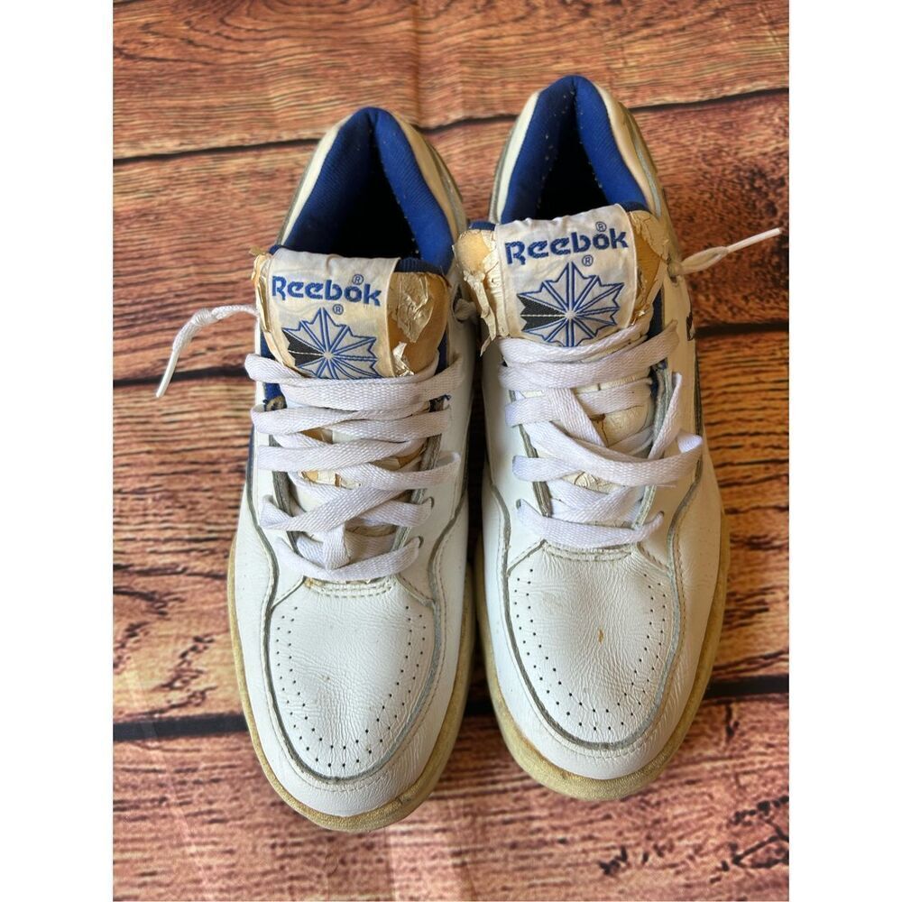 Vintage Reebok UK Flag Flower Low White‎ LE Royal Blue Basketball Shoes Sz 8